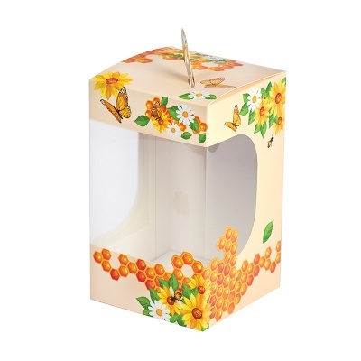Caixa decorada com flores, borboletas e desenhos de mel com janela translúcida.