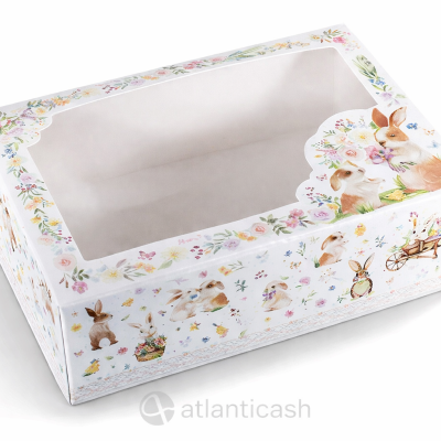 Caixa decorativa com ilustrações de coelhos e flores