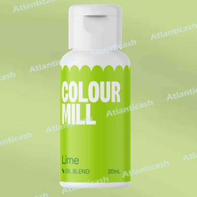 Frasco pequeno de plástico branco e verde com tampa branca e texto COLOUR MILL, Lime, OIL BLEND, 20mL