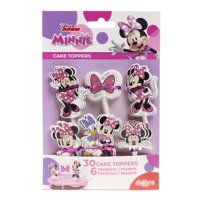 Pack de 30 cake toppers Minnie em rosa e branco com vários modelos e embalagem lilás