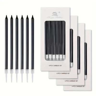 Conjunto de velas pretas finas com embalagem branca.