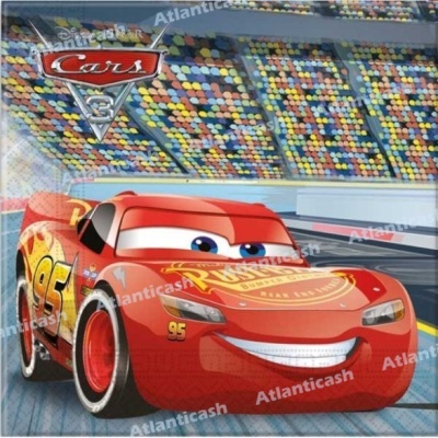 Carro vermelho Lightning McQueen do Cars 3 numa pista de corrida colorida