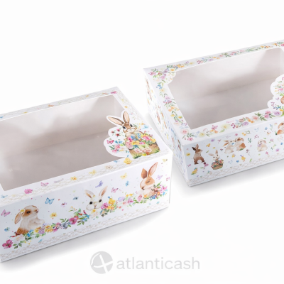 Duas caixas decoradas com coelhos e flores, com janela transparente