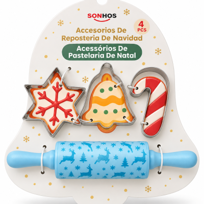 Acessórios de pastelaria de Natal com cortadores e rolo de massa em suporte branco em forma de sino