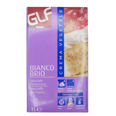 Embalagem roxa de creme vegetal para pastelaria GLF 1L com imagem do produto e instruções