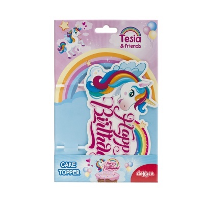 Topo de bolo de unicórnio colorido com texto Happy Birthday