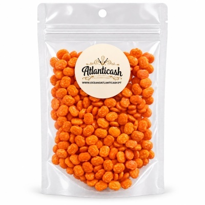 Saco transparente com frutos secos laranja e etiqueta Atlanticash