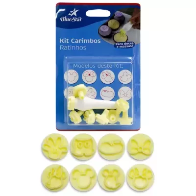 Kit carimbos para doces e massas Blue Star Ratinhos com oito carimbos amarelos e embalagem azul
