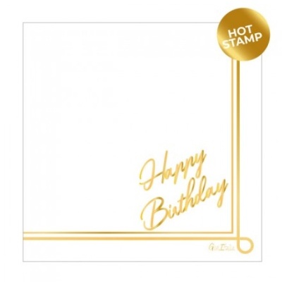 Guardanapo branco com texto dourado 'Happy Birthday' e padrão dourado, selo HOT STAMP