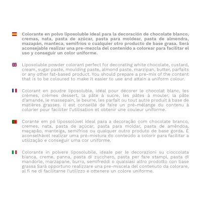 Colorante en polvo liposoluble en bote blanco con tapa naranja sobre fondo blanco