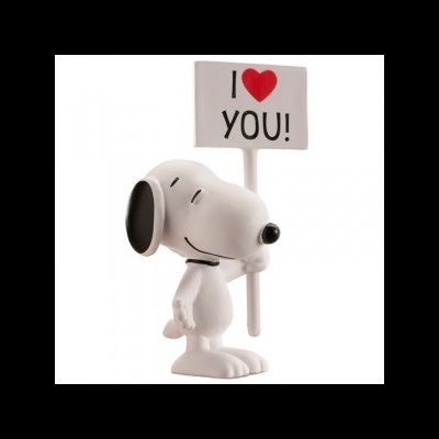 Figurine do Snoopy a segurar um cartaz com a mensagem I ♥ YOU!