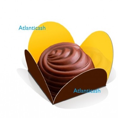 Bombom de chocolate em embalagem colorida com texto Atlanticash