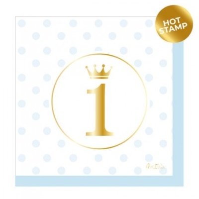 Guardanapo quadrado branco com bolinhas azuis e número 1 dourado coroado no centro