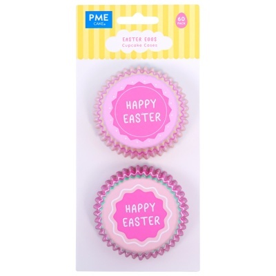 Forminhas de cupcake rosas com texto Happy Easter em embalagem amarela PME Cake