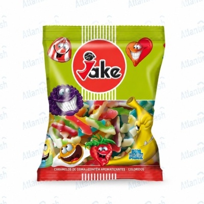 Pacote de caramelos de goma Jake com ilustrações de frutas sorridentes.