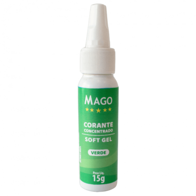 Frasco branco de corante concentrado soft gel verde MAGO de 15g com tampa de pressão