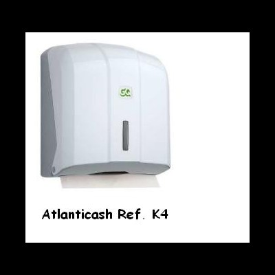 dispensador de papel toalha branco com visor transparente e texto 'Atlanticash Ref. K4'