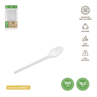 Colher branca de plástico reutilizável com embalagem e ícones de características