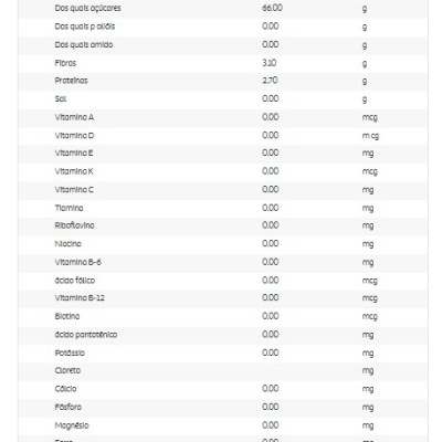 Tabela nutricional detalhada com valores e unidades para vários nutrientes por 100 gramas.