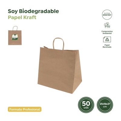 Saco de papel Kraft biodegradável castanho com alças