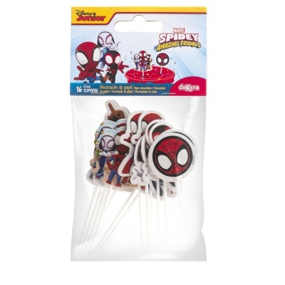 Toppers para bolo com personagens da Disney Junior e Marvel Spidey em embalagem transparente