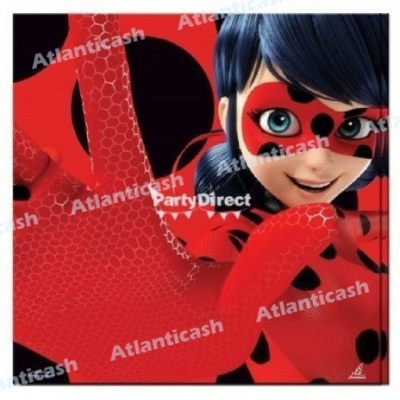 Personagem de desenho animado em fantasia vermelha com padrão de hexágonos e pontos pretos, máscara e cabelo azul escuro