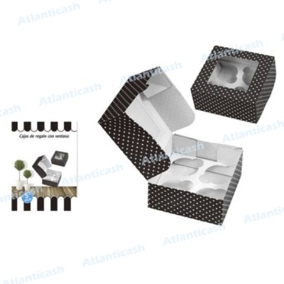 Caixas de cartão para cupcakes com padrão preto e bolinhas brancas, com janela transparente.