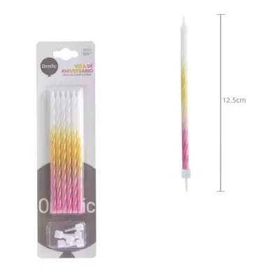 Velas de aniversário em espiral branco, amarelo e rosa com embalagem de cartão plástico