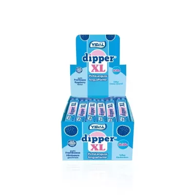 Expositor azul com doces VIDAL dipper XL sabor framboesa