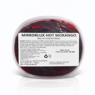 Embalagem transparente com brilho concentrado vermelho escuro e etiqueta informativa