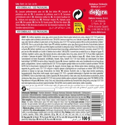 Etiqueta vermelha com informações nutricionais e ingredientes em vários idiomas de um produto alimentar Dekora.
