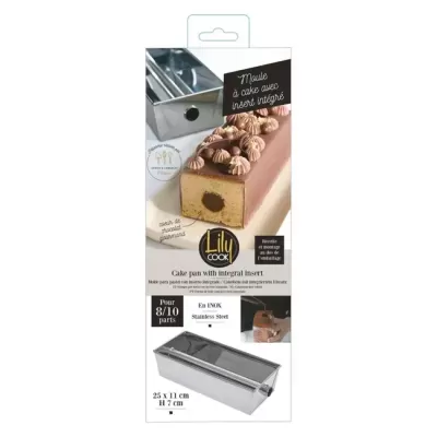 Forma de bolo retangular em inox com inserção integral e imagem de bolo decorado no topo