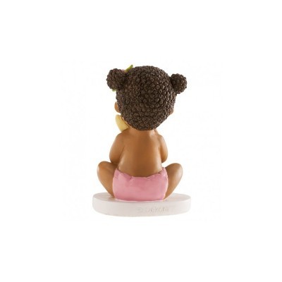 Figura decorativa de bebé sentado com fralda rosa e cabelo em caracóis