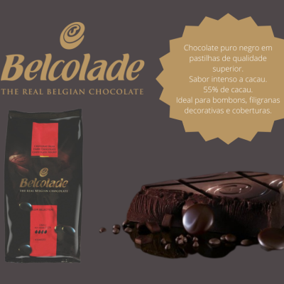 Embalagem e barras de chocolate Belcolade com texto descritivo em português