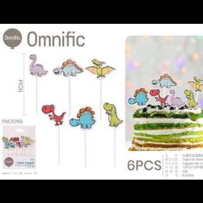 Toppers para bolo coloridos em forma de dinossauros com conta-pedrinhas laranja, altura 11 cm, embalagem com texto PACKING e 6PCS.