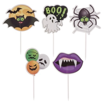 Decorações de Halloween com morcego, fantasma, aranha, balões e boca com presas