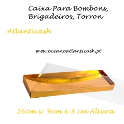 Caixa dourada retangular para doces com tampa e texto em português.