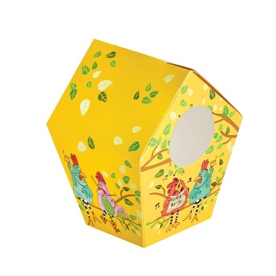 Caixa amarela com ilustrações de pássaros cantando em galhos e um círculo branco perfurado