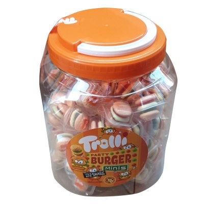 Frasco plástico com doces mini hambúrgueres e rótulo 'Trali Party Burger Minis'