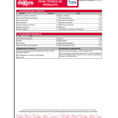 Ficha técnica de produto deKora com informações sobre alérgenos e declarações adicionais em português.