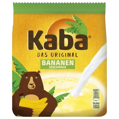 Embalagem amarela com texto Kaba BANANEN GESCHMACK e urso castanho com bananas