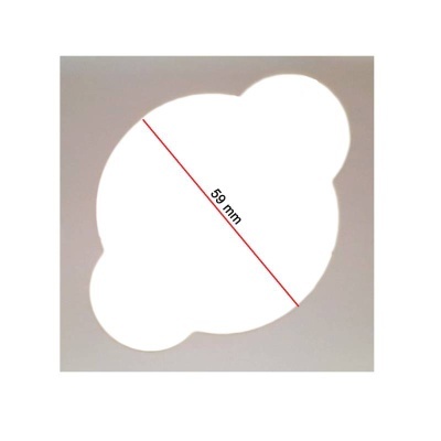 Molde branco com formato simétrico e medida de 59 mm em fundo cinza