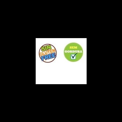 Dois selos redondos com textos 'SIN GLUTEN FREE' e 'SEM GORDURA'