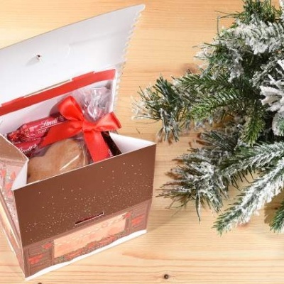 Caixa de presente de Natal aberta com saco transparente e laço vermelho ao lado de ramo de árvore de Natal com neve artificial