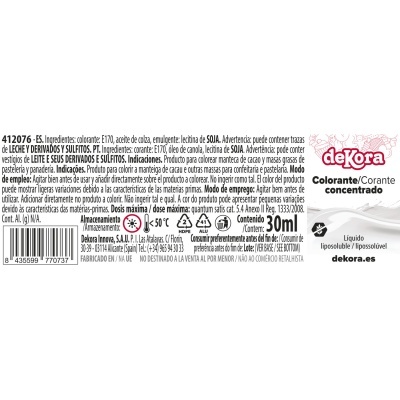 Rótulo de corante concentrado dekora com texto em espanhol e português e volume de 30 ml
