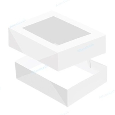 Caixa branca de papelão com tampa com janela transparente quadrada