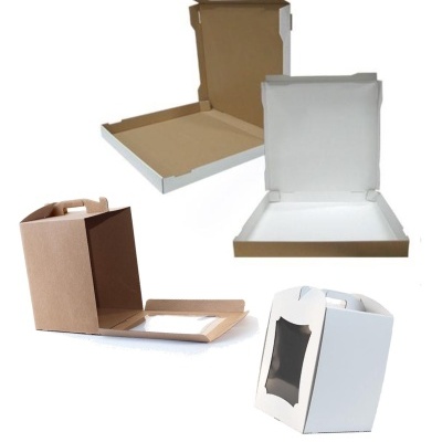 Diferentes embalagens de cartão para alimentos, caixas para pizza e caixa com janela