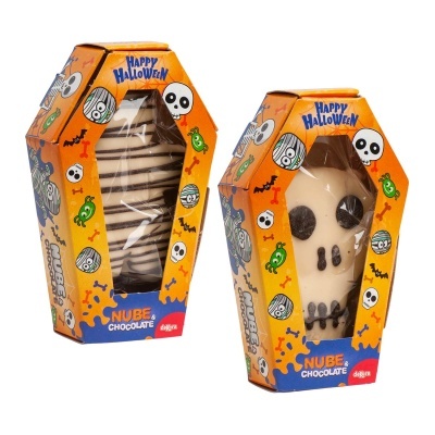 Dois ovos de chocolate Halloween em caixas laranja hexagonais