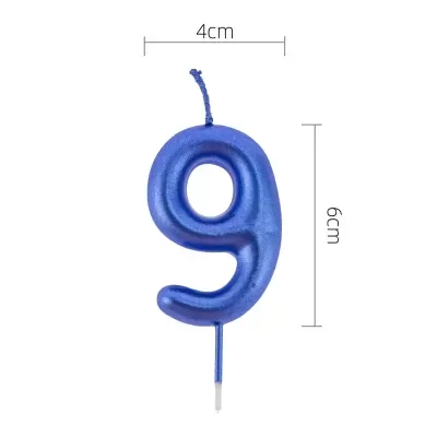 Vela de aniversário número 9 azul metálico com medidas indicadas