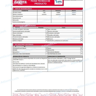 Ficha técnica de produto deKora com tabelas e informações microbiológicas, alergénios e declarações adicionais